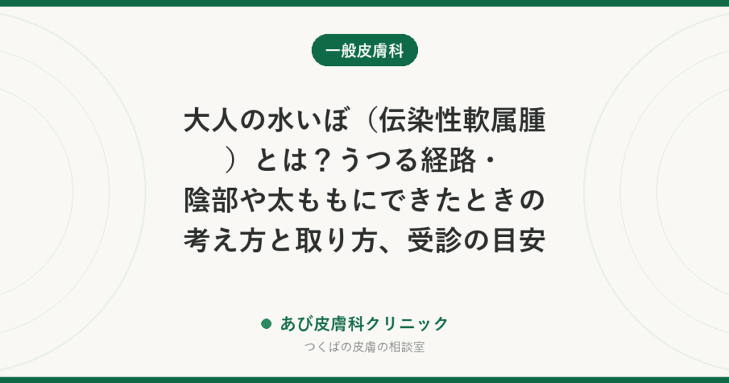 大人の水いぼ（伝染性軟属腫）とは？うつる経路・陰部や太ももにできたときの考え方と取り方、受診の目安